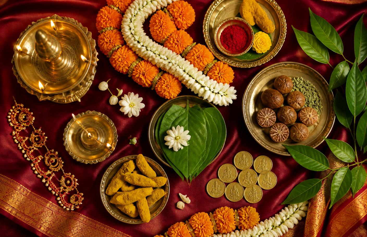Brass lamps, marigold garlands, betel leaves and gold coins on red silk
