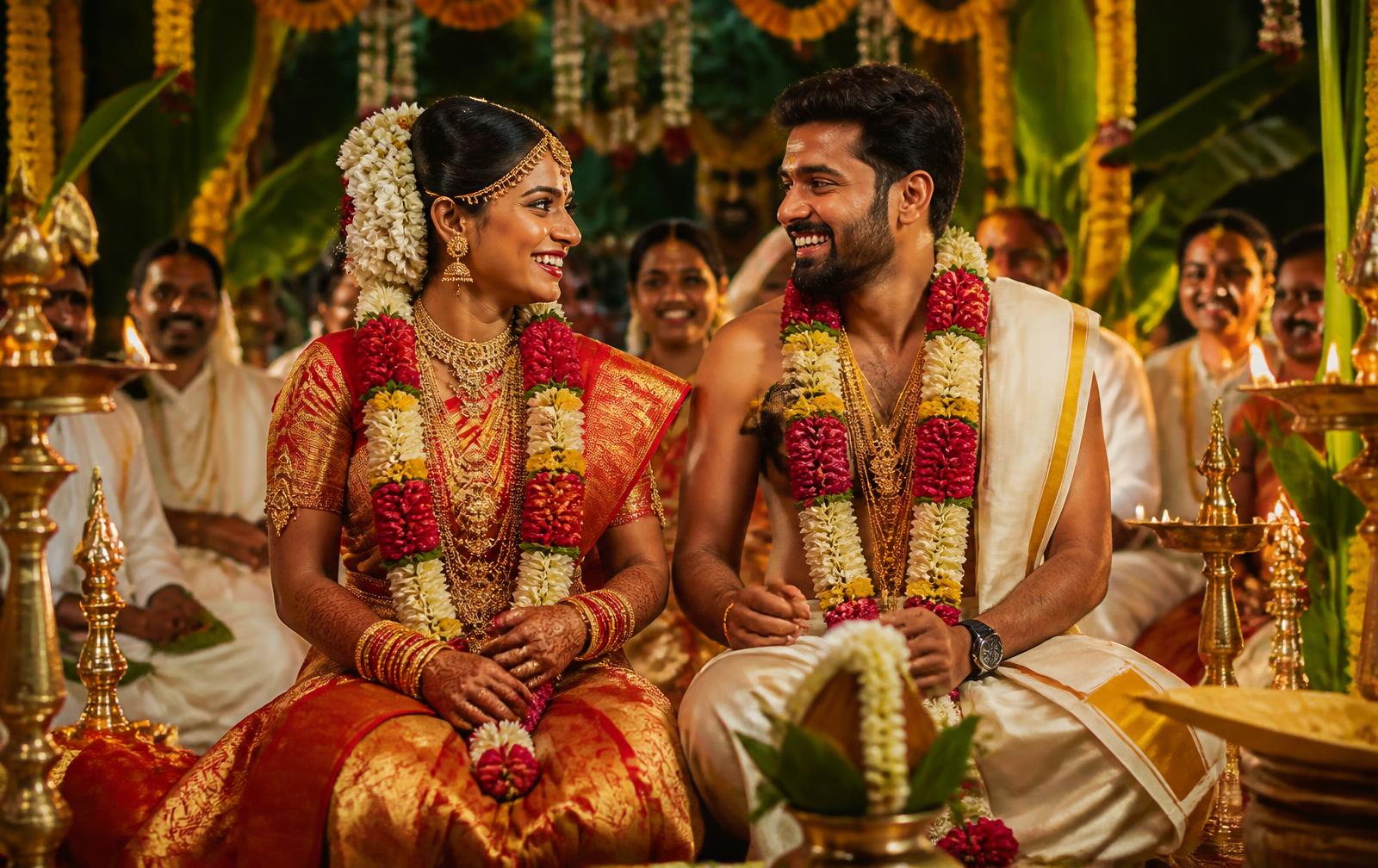 South Indian bride and groom seated at a marigold-decorated mandapam